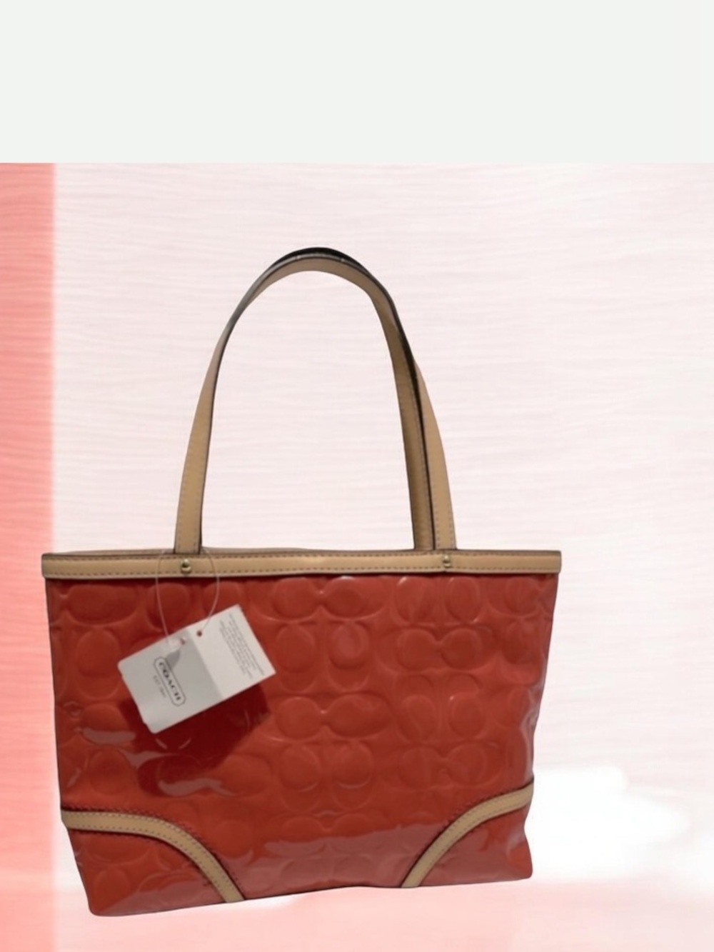 NEW Coach Embossed Patent Orange Small Tote  W11’XH7.5’D2.5’ APPROX MEASUREMENT
